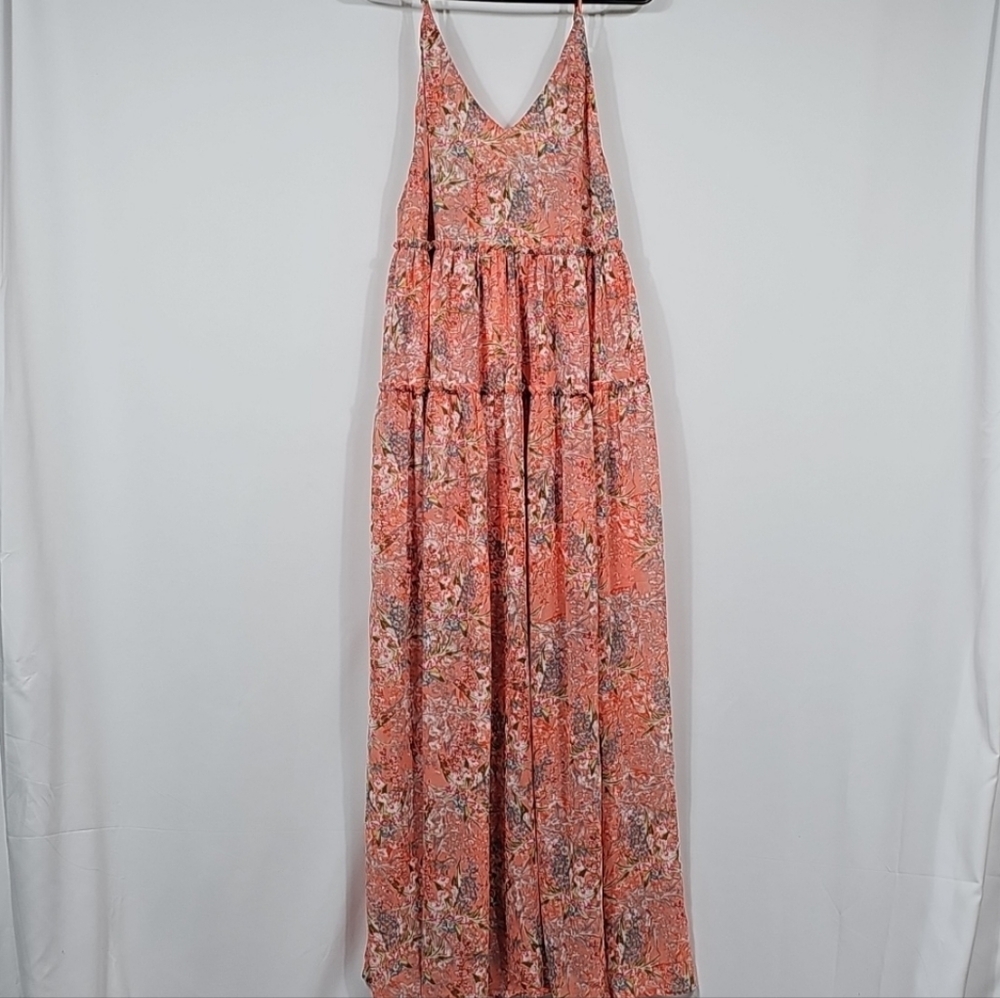 NWOT LaBiz Sleeveless Floral Maxi Dress Pink Orange V-Neck Strappy S Resortwear